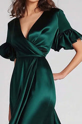 Dark Green Wedding Guest Dress V-Neck Satin Long Formal Dress With Ruffles